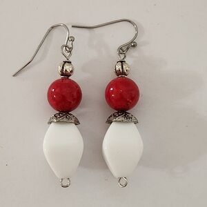 Hand Crafted Earrings Pierced Red White Silver Drop Dangle